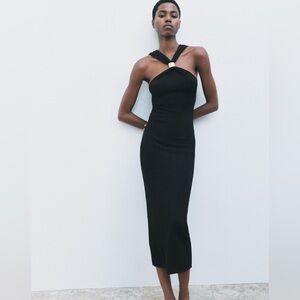 Zara Black Maxi Gold Appliqué Halter Dress Size XS Brand New 🖤✨